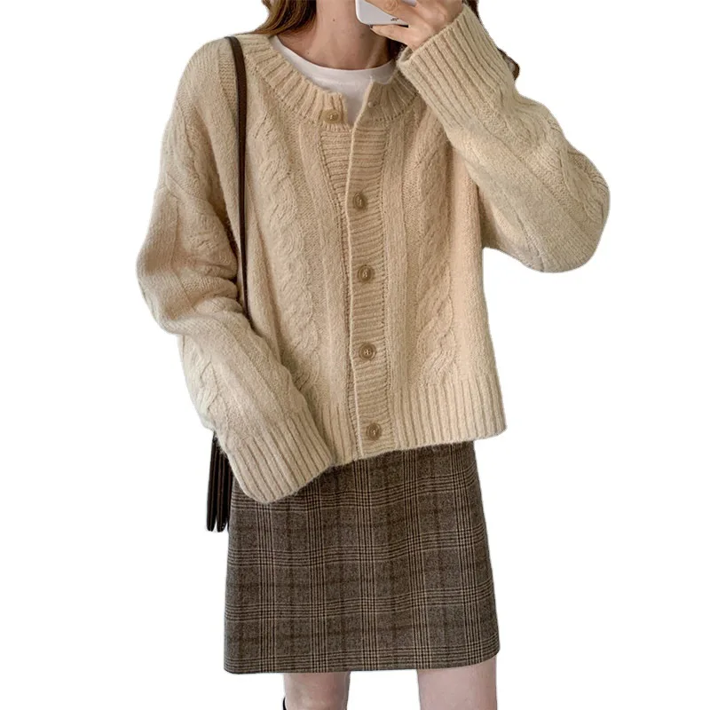 

BEAUTANA Cardigan Sweater 2021 Autumn Solid O Neck Women Loose Knit Crochet Coat Top Korean Fashion Aesthetic Jersey Jacket