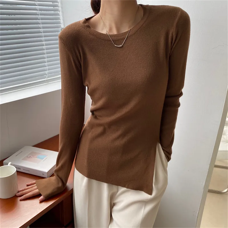 

Женский свитер с длинным рукавом Alien Kitty, однотонный вязаный Повседневный Классический пуловер с круглым вырезом и разрезом, осень 2021