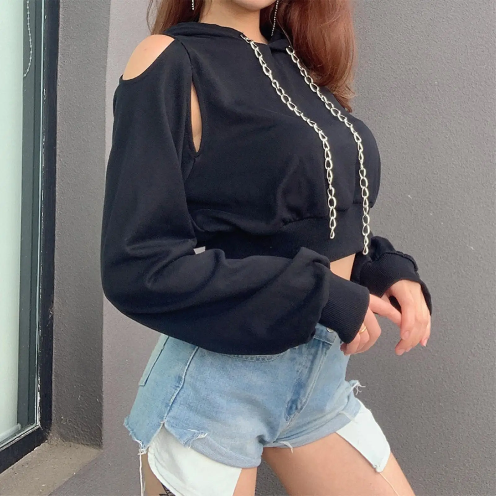

Hoodie Sweatshirts Women Sexy Long Sleeve Cut Out Chain Hoodie Short Sweatshirt Hollow Crop Top Fashion Sweatshirt Women Hoodies