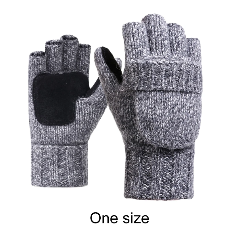 

Unisex Wool Gloves Mittens Winter Warm Knitted Convertible Mittens Flap Cover