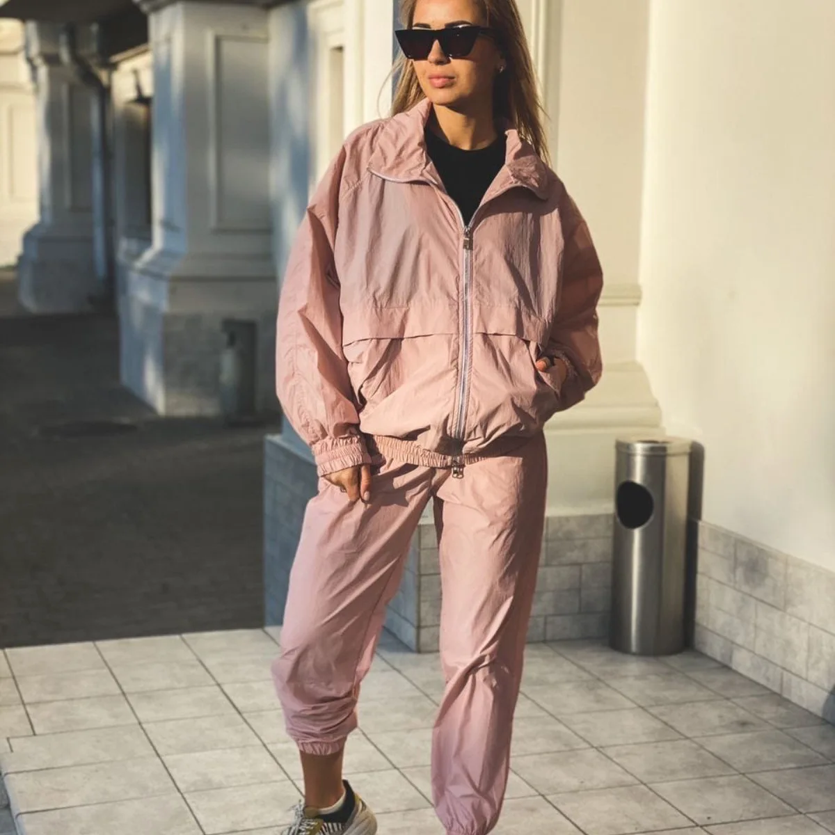 

WEPBEL Spring Long Sleeve Zipper Turn-down Collar Coat + Elastic Waist Pants Suit Women's Casual Solid Color Loose Sports Suit