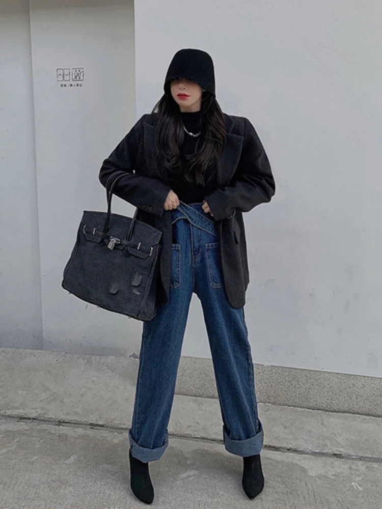 

Woollen Suit Coat Women's Autumn And Winter New Thickened British Style Loose Temperament Hong Kong Style Small Suit Medium Leng