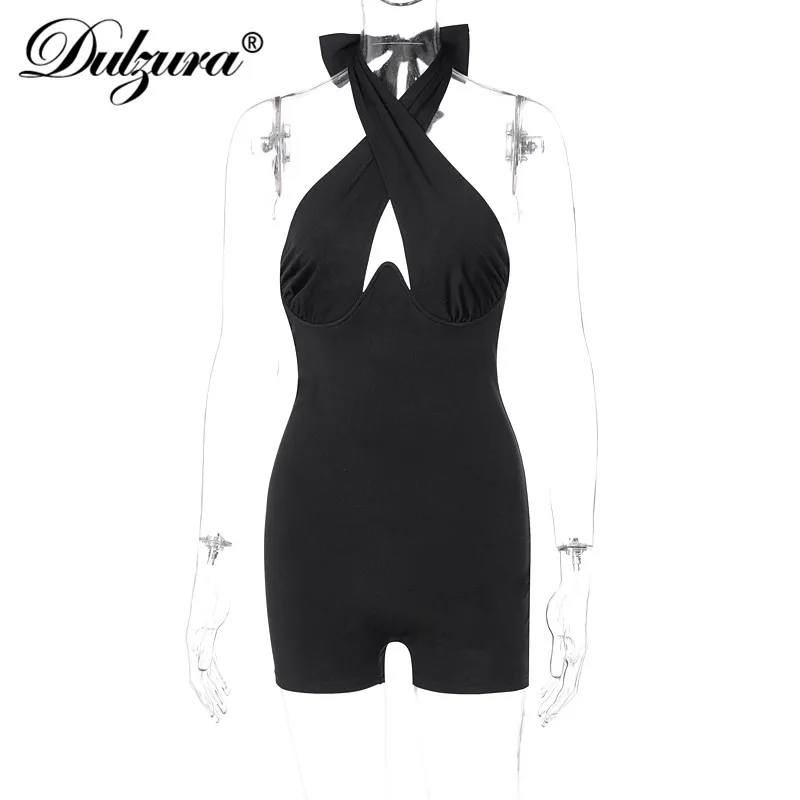 

Dulzura Solid Women Halter Playsuit Cross Backless Bandage Hollow Out Sexy Streetwear Party Club Sporty 2021 Summer Clothes Club