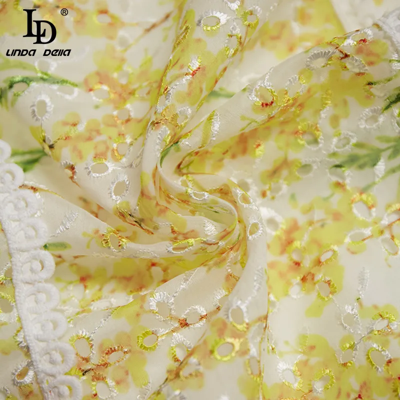 

LD LINDA DELLA Fashion Runway Summer Mini Dress Women Sleeveless Elegant Ruffle Hollow Lace Embroidery Floral print Mini Dress
