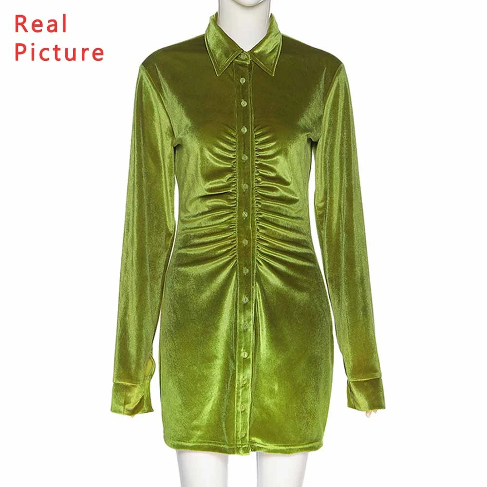 

Missnight Vintage Velvet Polo Shirt Dress Long Sleeve Ruched Streetwear Lapel Collar Party Dresses Women Clubwear Fall