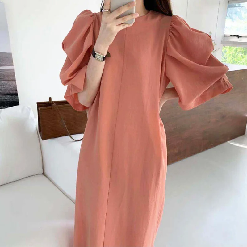 

Korean Chic Summer Dress Temperament Gentle Round Neck Loose Straight Tube Solid Pleated Bubble Sleeve Split Dress Long Skirt