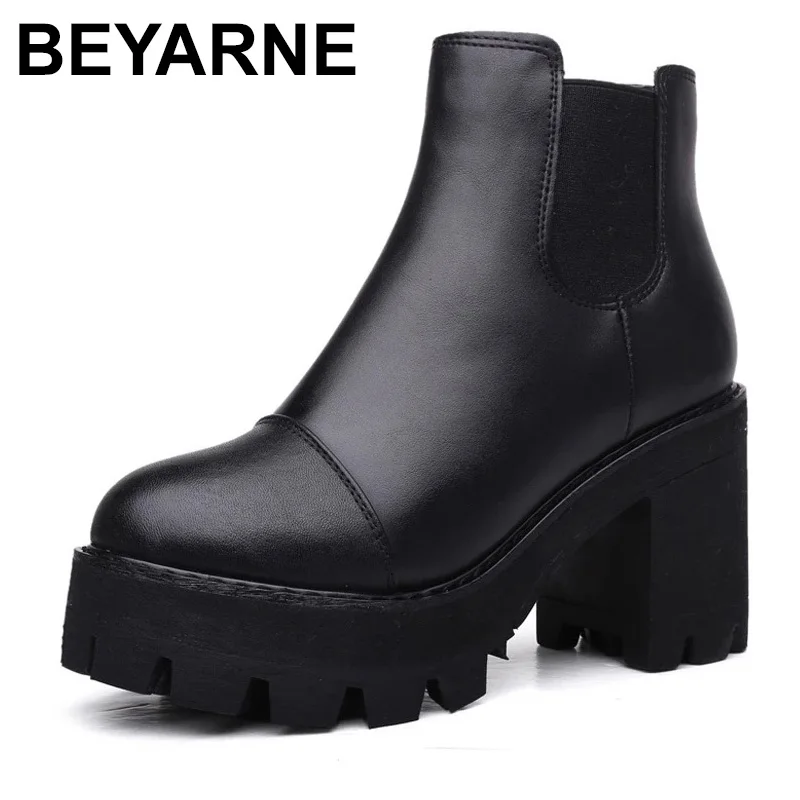 

BEYARNE Autumn Winter Women Ankle Boots Genuine Leather Thick High Heel Boots Women Warm Platform Boots Black Ladies Shoes