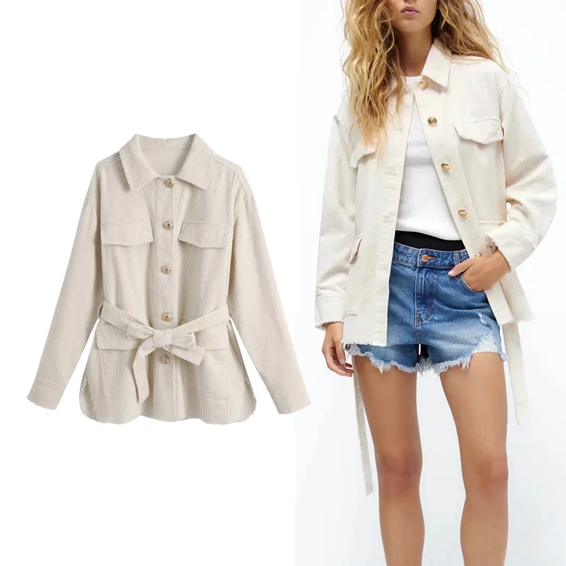 

Женский вельветовый жакет Za, с поясом, на пуговицах, с длинным рукавом, на осень, 2021