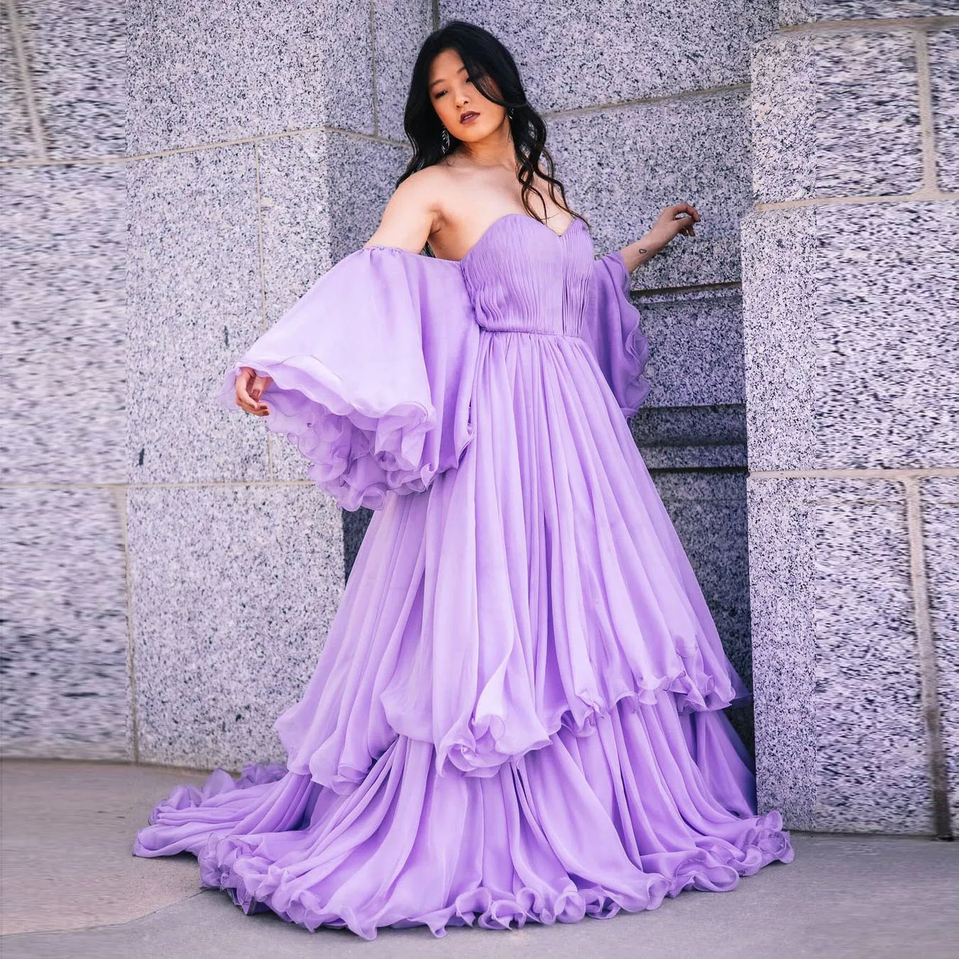 

Purple Elegant Exquisite Women Dress Strapless Sweetheart Backless Tulle Layer Floor Length Evening Dress Custom Made