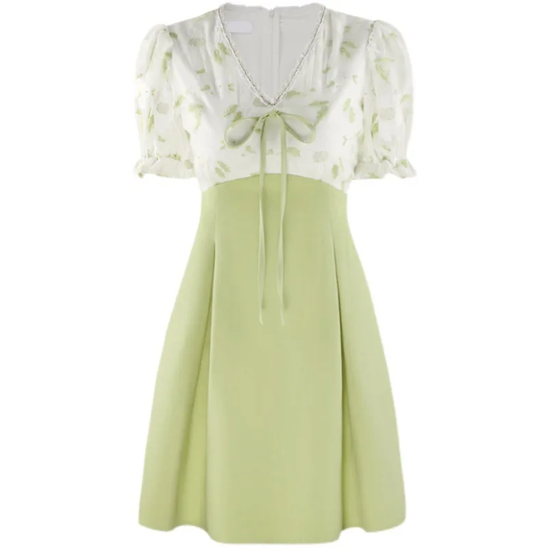 

Summer Casual Kwaii Mini Dress Women Party Vintage One Piece Dress Korean V-Neck Puffer Sleeve Elegant Floral Dress Female