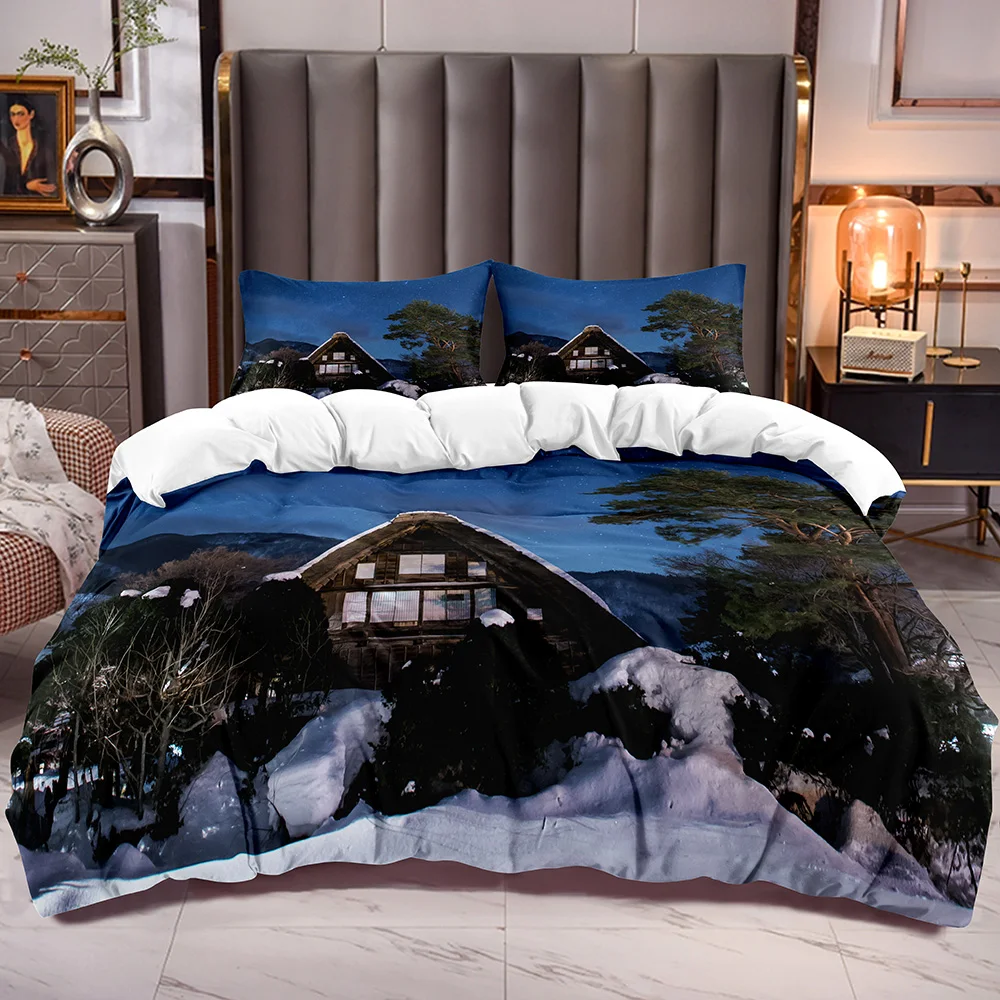 

Comforter Cover Sets with Winter Mountain House 3D Patter Farmhouse Style Microfiber Bedding Duvet Cover Zipper Closure