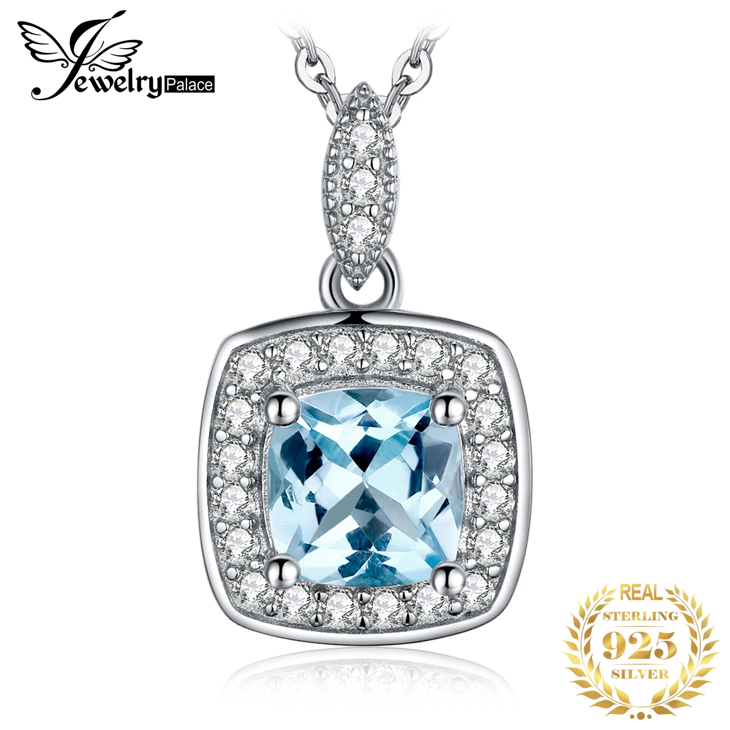 

JewelryPalace Natural Sky Blue Topaz Pendant Necklace 925 Sterling Silver Halo Gemstone Pendant for Women Jewelry No Chain