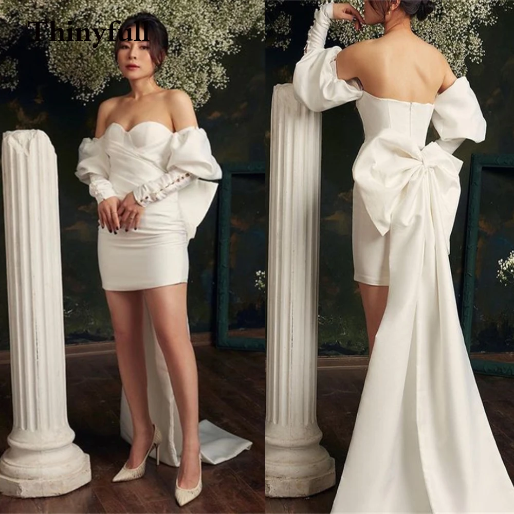 

Modern Off Shoulder Short Long Puff Sleeves Wedding Dresses Back Big Bow Vestido De Noiva Bridal Marriage Bride Dress Gowns