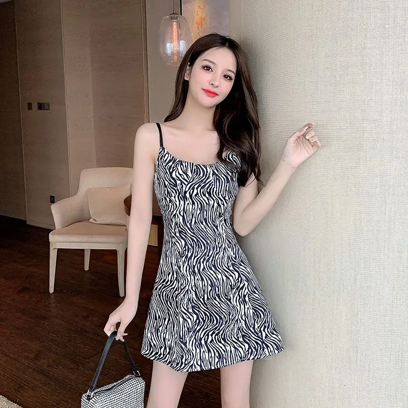

Summer New French Zebra Floral Slip A- line Slim-Fit Slimming Evening Disco Sexy Dress Fashion