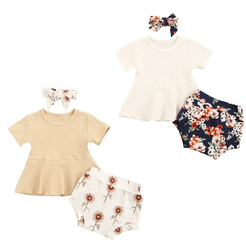 

Baby Girl Clothes Set Ribbed O-neck Short Sleeve T-shirt Top Flower Flower Print Shorts Elastic Bow Headband Summer Casual Suit
