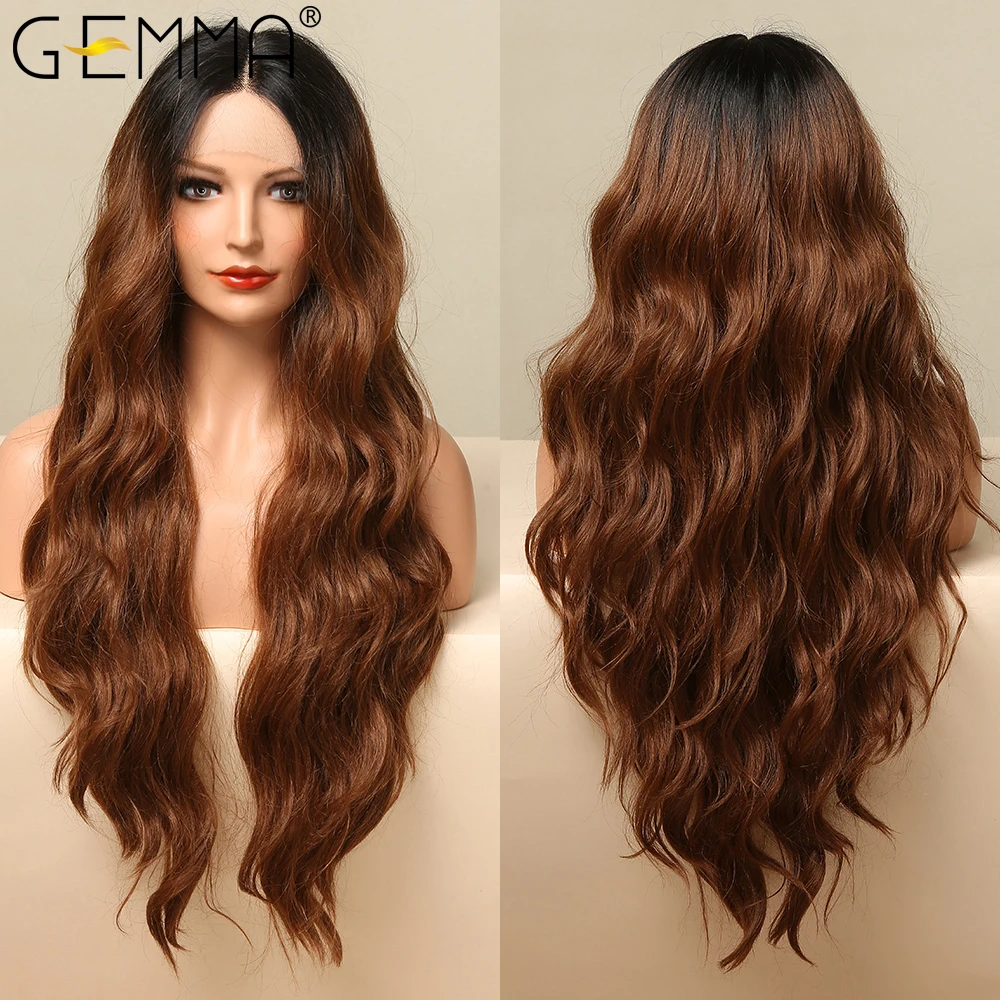

GEMMA Long Wavy Ombre Black Red Brown Copper Lace Synthetic Wigs for Women Afrio Middle Part Daily Lace Front Wig Heat Resistant