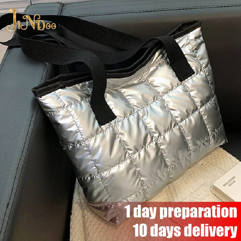 

2022 New Cotton Tote Handbags Fashion Winter Quilted Travel Shoulder Bags For Women Large Capacity Waterproof Shopping Purses