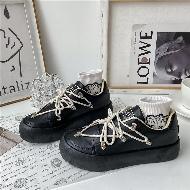 Casual Spring/Autumn Womens Shoes 2021 Fashion Flats Round Toe Lace-up Thick Bottom Breathable All-match Solid High Quality PU