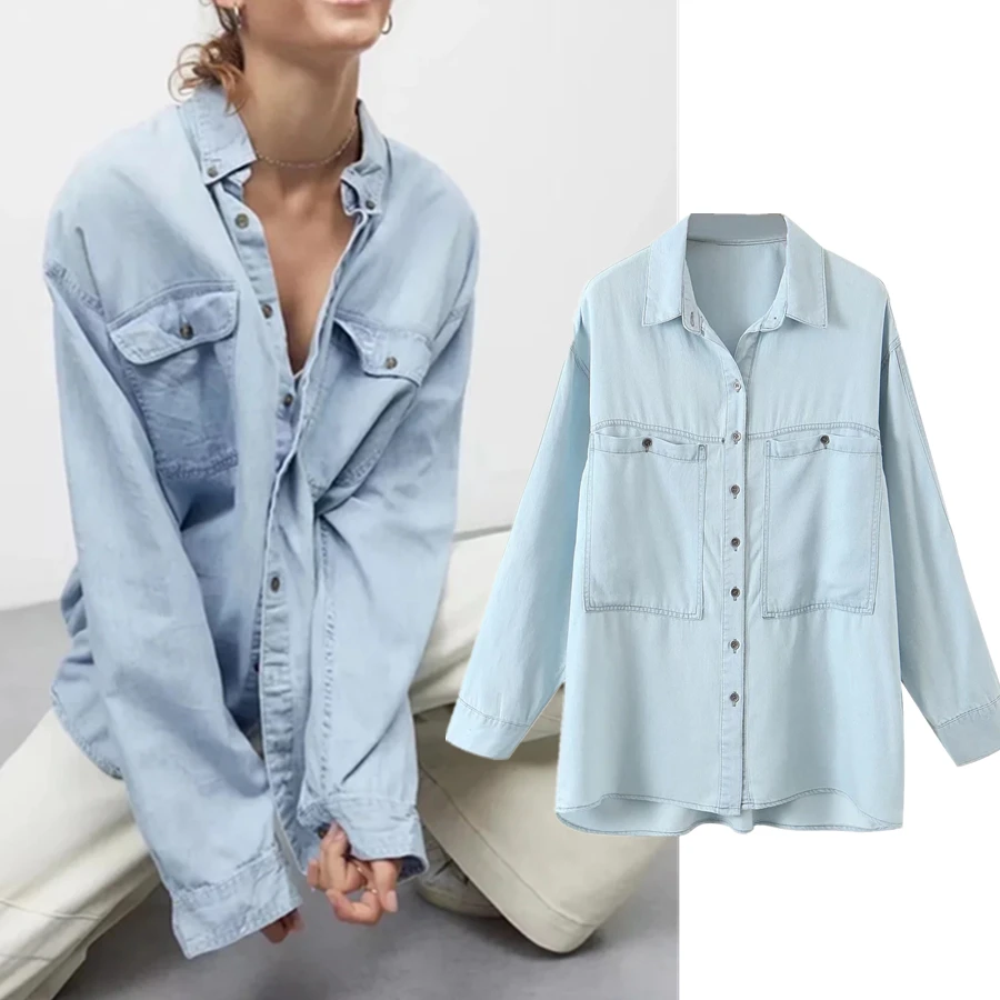 

Увядшая Джинсовая блузка в английском стиле, винтажная, потертая, из тенсела, женская блузка оверсайз, модная женская джинсовая рубашка, 2021