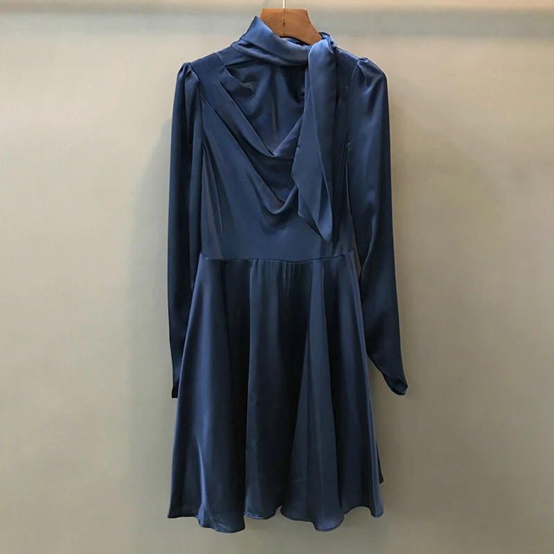 TWOTWINSTYLE, сатиновое платье для женщин, с бантом, с длинным рукавом, высокая талия, мини платья для женщин,, весна, осень, модная одежда