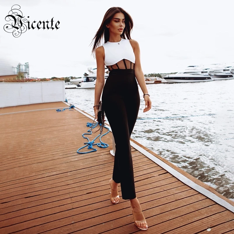 

VC All Free Shipping New Trendy Striped Voile Splicing Design Color Block Sexy Sleeveless Celebrity Party Bandage Jumpsuit