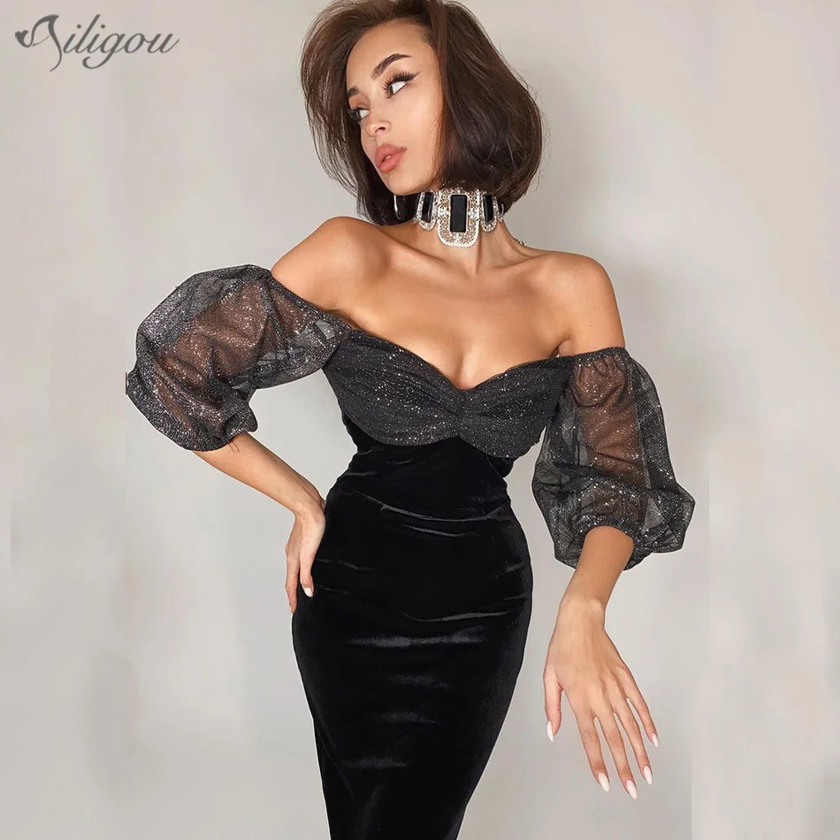 

Ailigou New Women'S Black Dress Sexy Off-Shoulder Sparkling Tulle Stitching Design Puff Sleeve Celebrity Party Velvet Vestido