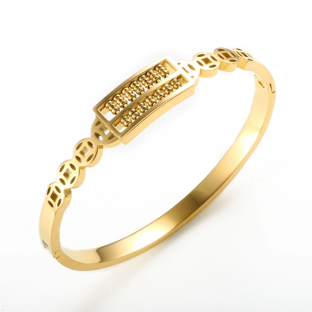 

High Polished 18K Gold Stainless Steel Abacus Cuff Bracelet Hollow Cut Copper Coin Shape Bangle for Women Jewelry