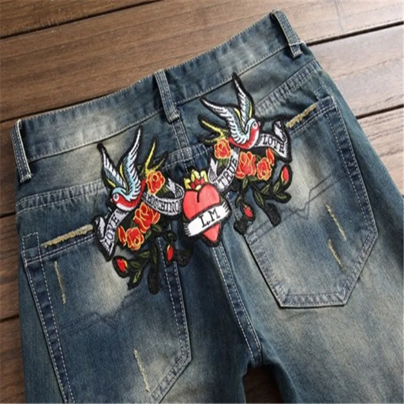Men's Large Size Straight Tube Slim Casual Fashion Joker Embroidery Rose Trend Retro Blue Middle Waist Denim Trousers