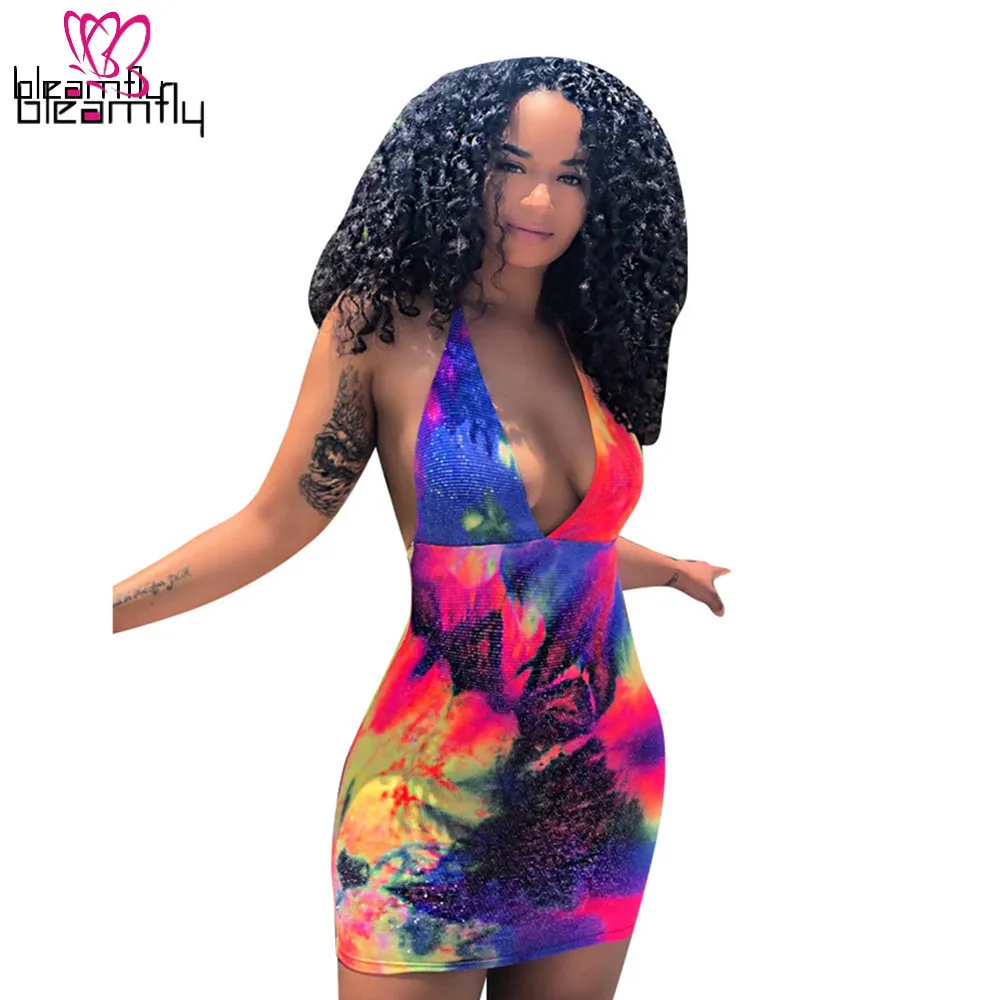 Для женщин вареный с космическим принтом платье без рукавов лямкой на шее v