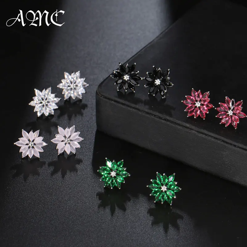 

AMC Luxury Crystal Shiny Flower Zircon Stud Earrings Vintage Elegant Dinner Date Dressing Wearing Jewelry Gifts For Women 2021