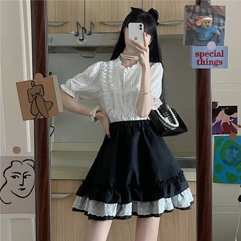 

Stringy Selvedge Short Sleeve Shirt White Shirt Women's Design Sense Niche Top Cake Skirt Suit Summer Thin kawaii dress