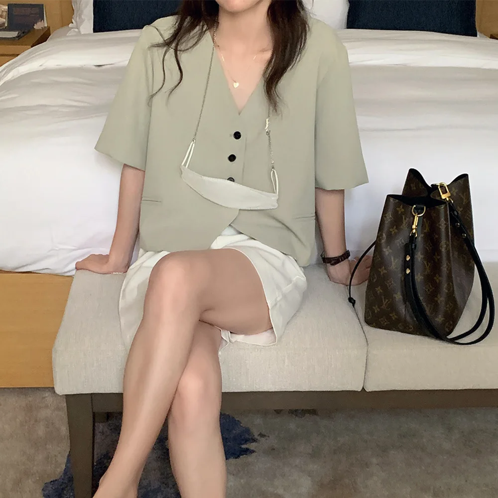 

2021 Women Summer V Neck Thin Blazer Jacket Coat Single Breasted Elegant Office Lady Outwear short coats
