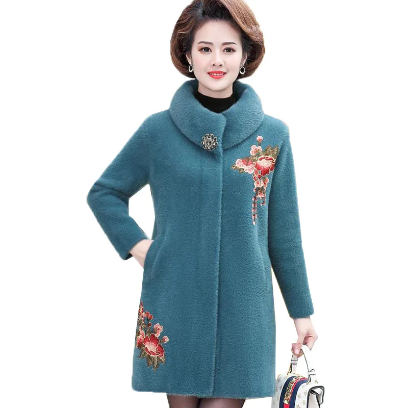 

Women Winter Jacket High Quality Thick Imitation Mink Cashmere Coat Middle-aged Knit Sweater Cardigans embroidered Jackets R889