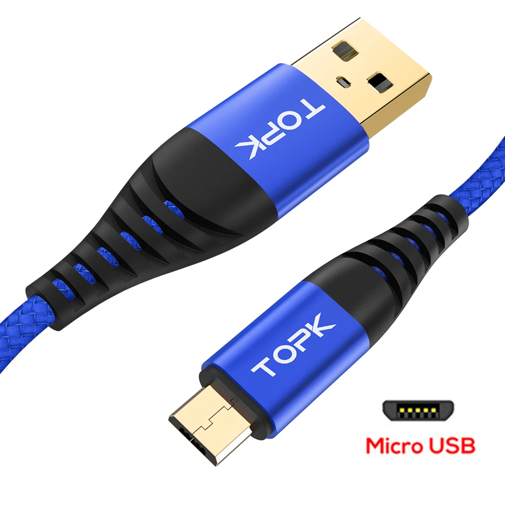 TOPK 1 м высокопрочный круглый кабель Micro USB кабель нейлоновый плетеный кабель для передачи данных для samsung Galaxy S7 край S6 Xiaomi Redmi Note 5 кабели для мобильных телефонов - Цвет: Blue
