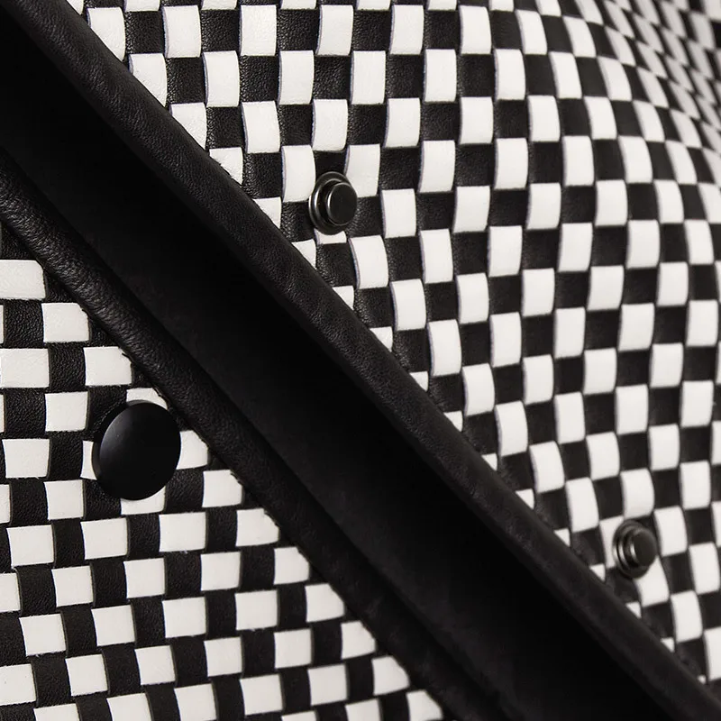 Autumn Korean Style Women's High Quality Black White Plaid Kintted Genuine Leather Jackets C251