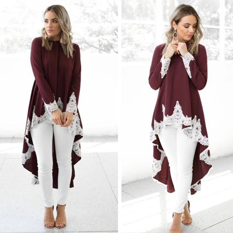 Модное осеннее платье-рубашка с длинным рукавом кружевное неравномерное женское