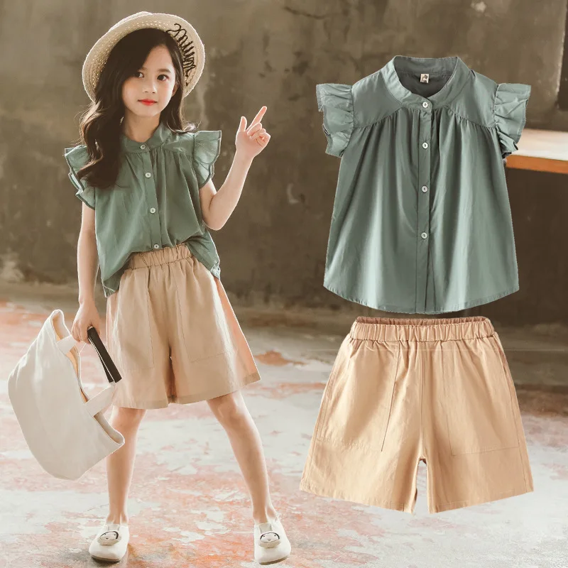 Комплект летней детской одежды для девочек Футболка с рукавами рюшами + шорты