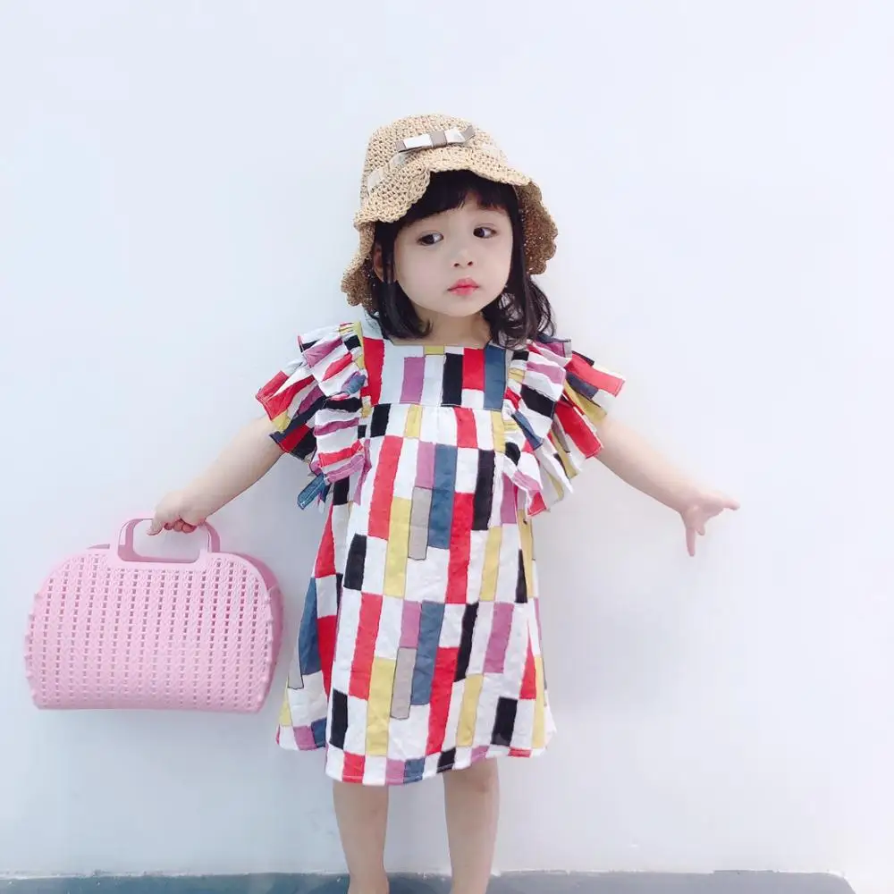 

Girl's Dress 2020 Summer New Colourful Block Flying Sleeve Dress Korean Japanese Style Clothes Fashion Baby Kids Girls Clothing