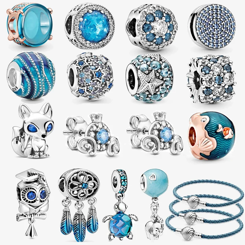

Original 925 Sterling Silver Beads Blue Feather Sparkling Start Zircon Dangle Fit Original Pandora Bracelets Women Jewelry Gift