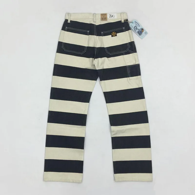 

BOB DONG 16oz Prison Pants Multi-Pockets Motorcycle Black White Striped Trousers