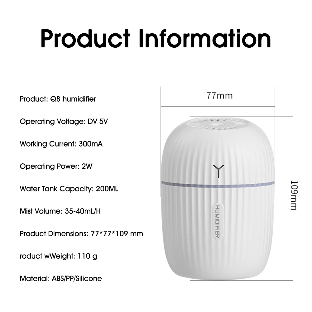 

Portable 200ml Mini Air Humidifier Aroma Oil Diffuser USB Cool Mist Sprayer With Colorful Night Light 2 Timer Settings Quiet