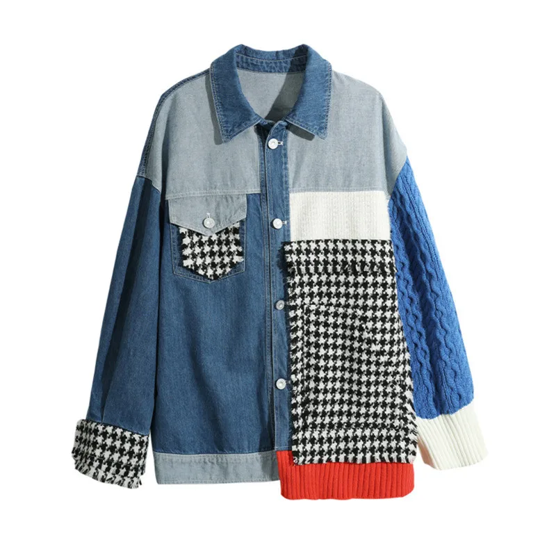 

Women Queen Panel Spring Autumn Sleeve Coats Knit Coat Blue [EWQ] Fringe Jacket Navy Clothing Plaid Loose Trendy Denim Long Spr