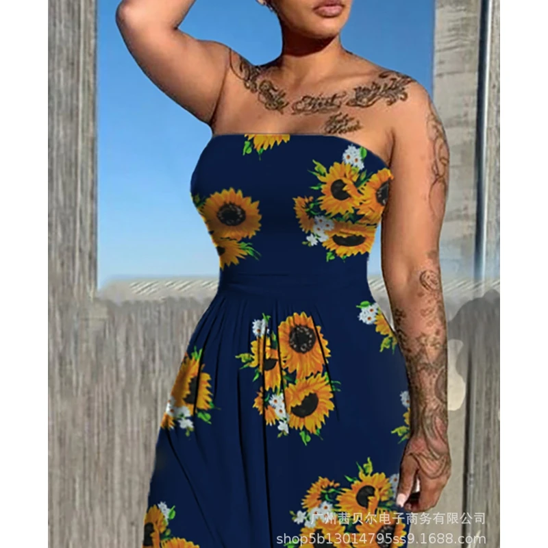 

WEPBEL Dress Women's Casual Printed Backless Dress Summer Fashion Loose Strapless Floor-Length Dress