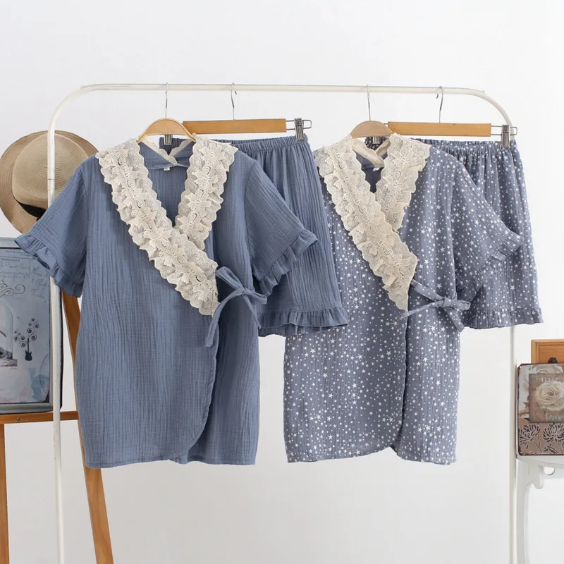 

Japanese Style Kimono New Ladies Solid Color Short Sleeve + Shorts Pure Cotton Double Gauze Pajamas Sleep Pants Suit Plus Size