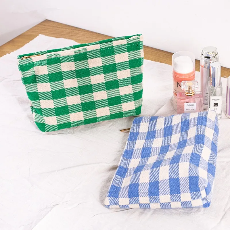 

Korean Plaid Cosmetic Bags For Make Up Beauty Pouch Cotton Travel Toiletry Bag Large Makeup Organizer Women Beatuy Case Pouch