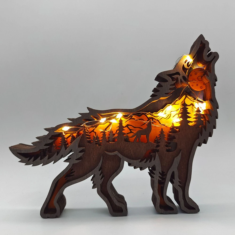 

LED Wooden Animal Wolf Statue Creative Wolf Totem Office Home Decor Crafts Christmas Gift North Forest Elk Brown Bear Ornaments