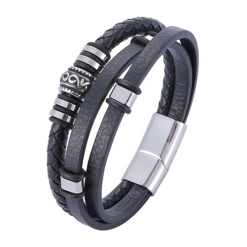 

Hot Sale Multilayer Braided Wrap Leather Bracelets Men Stainless Steel Charm Magnet Clasp Punk Handmade Bangles Male Gift SP1152