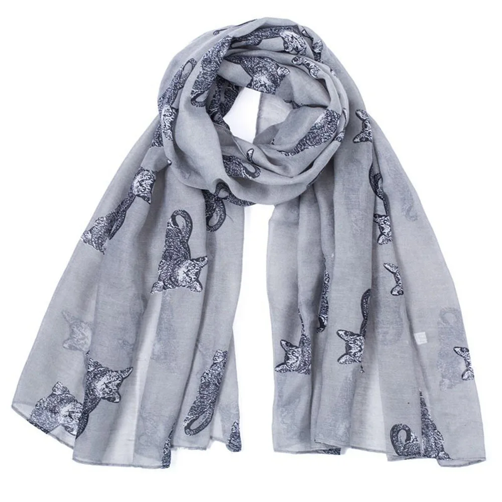 Женский длинный шарф с принтом кошки серый или темно-синий теплый шарф-шаль