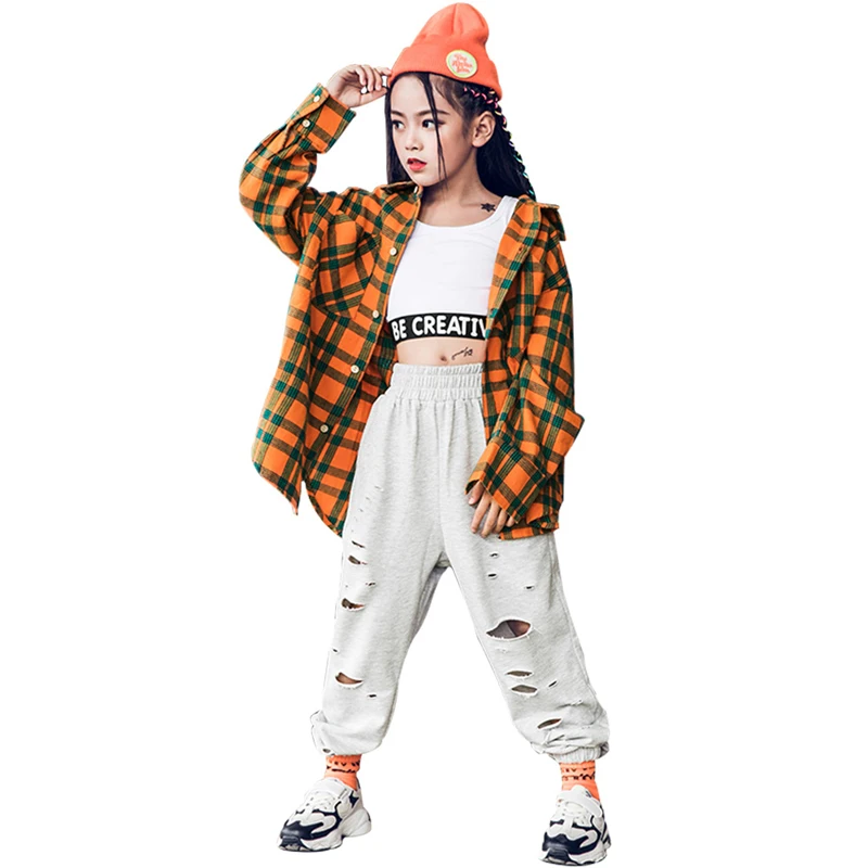 Детский костюм для уличных танцев клетчатая рубашка в стиле хип-хоп с длинными