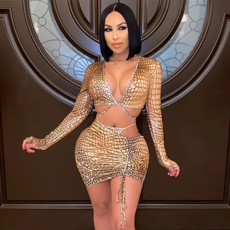 

Sexy Two Piece Skirt Set Women Long Sleeve Bandage Crop Top Hollow Out Mini Skirt Set Snake Print Bodycon 2 Piece Club Outfits